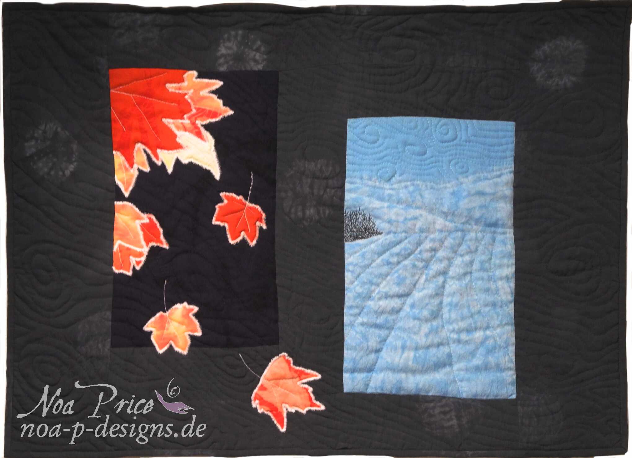 Shiboried quilt image of fall leaves and snowed fields