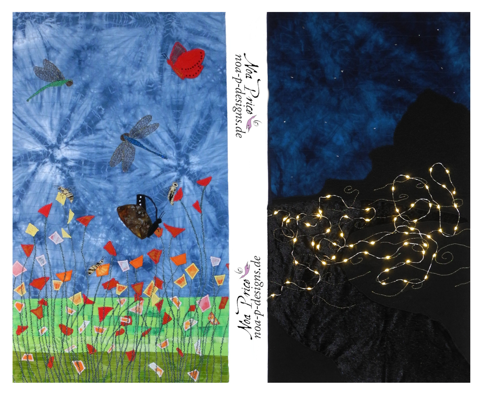 Two images one with LED lamps as fire flies and one with shiboried flowers and insects